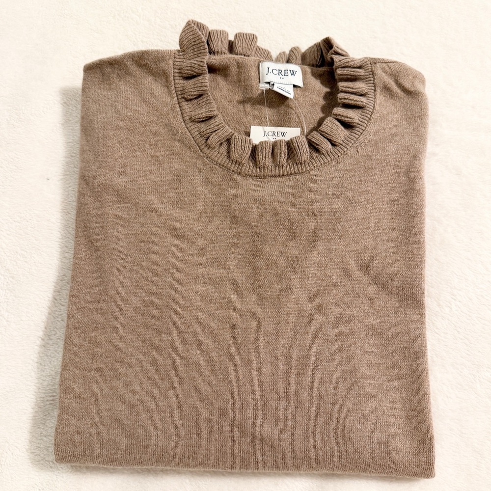 J. Crew Camel Ruffle Neck Cotton Sweater Medium NWT